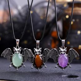 Punk Natural Stone Bat Shape Pendant Opal Rose Quartz Crystal Necklace Tiger Eye Lapis Animal Charms for Jewelry Making Necklaces