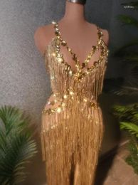 Stage Wear Flashing Gold Sequins Fringes Rhinestones Transparent Jumpsuit Evening Birthday Celebrate Costume Dancer Leggings Xiaojinku