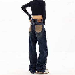 Women's Jeans American Retro Contrast Color Spring Autumn High Waist Thin Wide Leg Pants Design Sense Splicing Straight Mopp