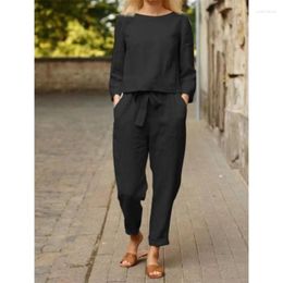 Women's Two Piece Pants Tracksuit Long Sleeve Top Lace Up Wide Leg 2 Pieces Sets Female Casual Solid Color Suits Elegant Simple Outfit