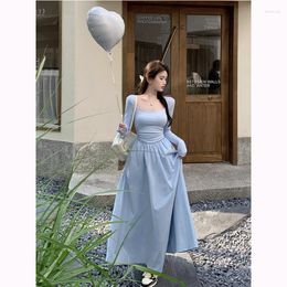 Casual Dresses Women's Large Swing Blue Long Sleeved Square Neck Summer Dress Pleated Patchwork Birthday For Women Slim Fit