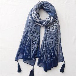 Printed Cotton and Linen Tassel Scarf Spring and Summer Thin Travel Blue and White Porcelain Sunscreen Shawl Beach Towel332Q