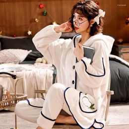 Women's Sleepwear 2023 Autumn Winter Women Thickening Warm Coral Velvet Pyjamas Suit Long-Sleeved Trousers Flannel Nightwear Home Wear