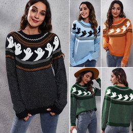 Fashion New Womens Sweaters Round Collar knitting Long Sleeves Halloween Ghost Retro Polka Dot Women Loose Autumn and Winter Knit Plus Size S-XXL