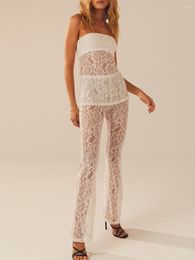 Women's Two Piece Pants Women Y2K See Through Mesh 2 Outfits Lace Strapless Tube Top Wide Leg Sexy Sets Suit Summer Streewear