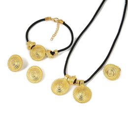 Necklace Earrings Set Gold Plated Dubai Eritrea Africa Bracelet Round Pendant Rope Chain Ethnic Ethiopian Women Bridal