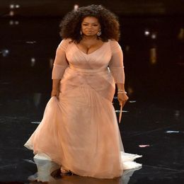 2020 blush pink Oprah Winfrey Oscar Celebrity Dresses plus size v neck sheath tulle with long sleeves Sweep Train Draped evening D287q