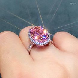 Cluster Rings Micro-inlaid Egg-shaped Diamond Color Powder Zircon Luxury Temperament Large Engagement Wedding Ring Female
