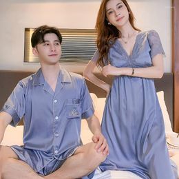 Men's Sleepwear Satin Silk Homewear For Couples Summer Short Sleeves Shorts Pijamas Set Women Sexy Lace Nightdress V Neck Loungewear Pjs