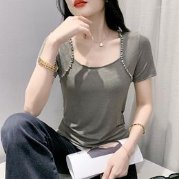 Women's T Shirts Square Collar Short-sleeved T-shirt Summer Fashion Hand-nailed Beaded Top All Fit Small Shirt