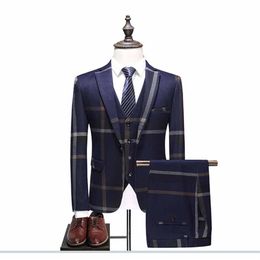 3 PieceJacket Vest Pant Nevy Blue Men Suit Tailor Wedding Male Slim Fit Plaid Business Tuxedo2743