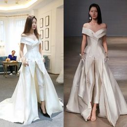 Cheap Women Jumpsuit With Long White Evening Dresses Off Shoulder Sweep Train Elegant Prom Dress Party Zuhair Murad Dress Vestidos271M