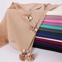 Ethnic Clothing 10pcs Muslim Square Scarf Luxury Pendant Malaysian Hijab Pearl Tassel Plain Tudung Bawal Headband Foulard Female