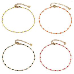 Anklets Stainless Steel Colourful Enamel Beads Anklet For Women Beach Jewellery Gold Colour Link Cable Chain Gift 23.5cm Long 1 PC