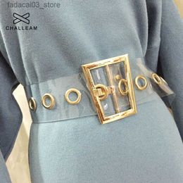 Belts Fashion Women Transparent Wide Waist Belt Female Designer Trapezoid Gold Metal Buckle Dress Laser Clear PVC Belt 235 Q230914