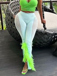 Women's Pants 2023 Summer Outfits Clothes Streetwear Skinny Mesh For Women High Waist Fashion Feather Patchwork Blue Trousers