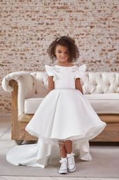 Girl Dresses Ivory White Satin Trailed Lotus Sleeve Decal Flower Dress Wedding Elegant Little Child First Eucharistic Ball