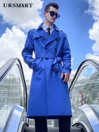 Men's Trench Coats Blue long windbreaker men's double breasted raglan sleeves British trend thickened warm down inner jacke 230914