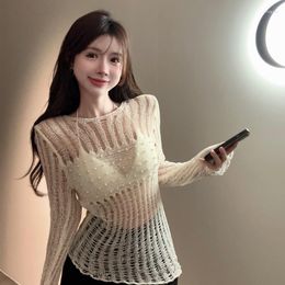 Women's T Shirts Tinomiswa High Street Fashion Sexy Tshirts Women O-neck Long Sleeve Knitted Hollow Out Female Beading Patchwork Tops