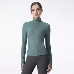 Active Shirts Lu Logo With Workout Jackets Women Full Zipper Slim Long Sleeve Crop Top Yoga Pockets Fitness Coat Sports Gym B