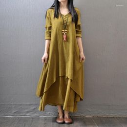 Casual Dresses VOLALO Women Vintage Baggy Dress Loose Long Sleeve Cotton Linen Summer Large Button V-Neck Elegant Maxi