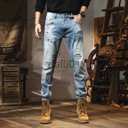 Men's Jeans Light blue splashed ink hole patched jeans new European trendy men's elastic slim fit leggings x0914