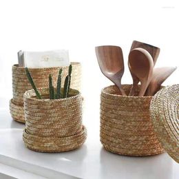 Storage Baskets Zerolife Multi-size Round Handmade Straw Woven Basket With Lid Snack Organizer Box Bread Table