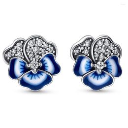 Stud Earrings Authentic 925 Sterling Silver Blue Pansy Flower Fashion For Women Gift DIY Jewellery