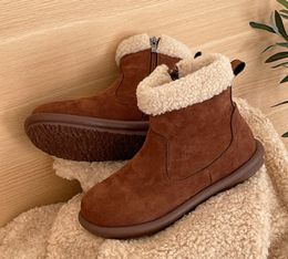 New Snow Cotton Round Head Flat Bottom Wool Short Boots Cowhide Fur Warm Thick Bottom Snow Boots Size 35-40