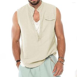 Men's Tank Tops Cotton Linen Vest Stand Collar Loose Sleeveless Summer Thin Section Solid Colour Vacation Casual Beach Fashion