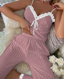 Women's Sleepwear Pajamas Set 2023 Summer Fashion Ruffle Hem Tied Detail Ribbed Cami & Casual High Waist Home Long Pants