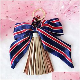 Cloth Bow Knot Key Chain Chiffon Pu Leather Tassel Keyring For Lady Bag Ornaments Creative Fashion Keychain Drop Delivery