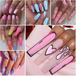 False Nails 24pcs Long Stiletto Wave Peals Decorated Wearable French Fake Press On Heart Print Almond Manicure Tip