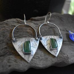 Dangle Earrings Tribal Triangle Inlaid Square Dark Green Stone Hook Vintage Silver Color Metal Hollow Half Round