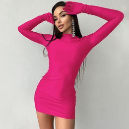 Casual Dresses Women Sexy Hip Bodycon Mini Dress Full Sleeve Gloves Round Neck Skinny Stretchy Rave Party Clubwear 2023 Autumn Streetwear