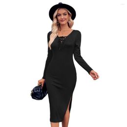 Casual Dresses Elastic Midi Dress Chic Versatile Women's With Lace-up V-neck Split Hem For Spring Fall Seasons