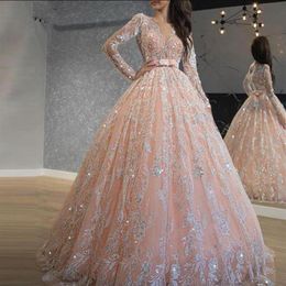 2020 Sparkly Pink Sequined Lace Ball Gown Prom Dresses Jewel Neck Long Sleeve Sweet 16 Dress Long Formal Evening quinceanera dress285t