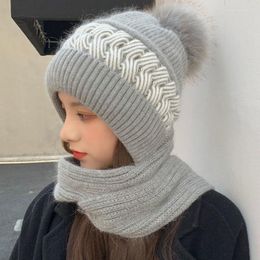 Berets Hat Scarf Set For Women Fur Pompom Knitted Wool Hooded Shawl Female Winter Thicken Keep Warm Beanie Scarves Pullover Hats
