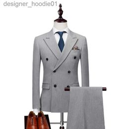 Men's Suits Blazers Light Grey/Black Groom Tuxedos Double-Breasted Men Wedding Tuxedos Peak Lapel Jacket Blazer Men Dinner/Darty Suit 1132 L230914