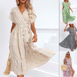 Casual Dresses Bohemia Women Dress Elegant Floral Print Ruffles Summer Ladies V-neck Split Midi Vintage Party 2023