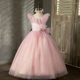 Girl Dresses Elegant Temperament Ball Gown Long Princess Slim Waist Sleeveless Flower Girls Dress Ruffles Kids Birthday Robe