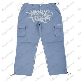 Men's Pants Y2K vintage streetwear multi pocket cargo pants waist stretch side pocket light blue low rise cargo pants teen cl230o