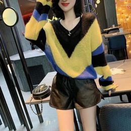 Women's Sweaters Fashion Contrasting Colours Spliced Spring Autumn Korean Loose Female Clothing Hollow Out Casual V-Neck Knitted Jumpers
