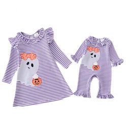 Family Matching Outfits Girlymax Halloween Fall Baby Girls Boutique Children Clothes Stripe Skull Pumpkin Knee Length Dress Romper Sibling 230914