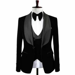 Latest Men's 3 Pieces Prom Black Velvet Dinner Groom Tuxedos Wedding Formal Blazer Man Lapel Men Suits Jacket Vest Pant2477