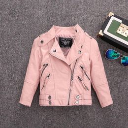 Jackets 2-14 Years Old Girls Faux Leather Jacket Children PU Coat Long Sleeve Zip Belt Locomotive Stylish Teen Kids Boys