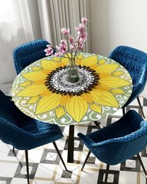 Table Cloth Sunflower Mandala Round Elastic Edged Cover Protector Waterproof Polyester Tablecloth Rectangle Fitted