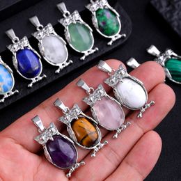 Natural Stone Owl Pendant Amethyst Opal Rose Quartz Crystal Pendant Animal Charms for Jewellery Making Necklaces