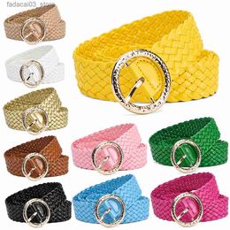 Belts New Fashion Women Braided Bright Colours Belts Circular Gold Buckle Ladies Waist Ornament No Holes All Matching Q230914