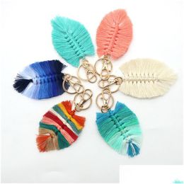 Leaf Weaving Rainbow Keychains For Women Boho Handmade Key Holder Keyring Rame Bag Charm Car Hanging Jewellery Drop Delivery